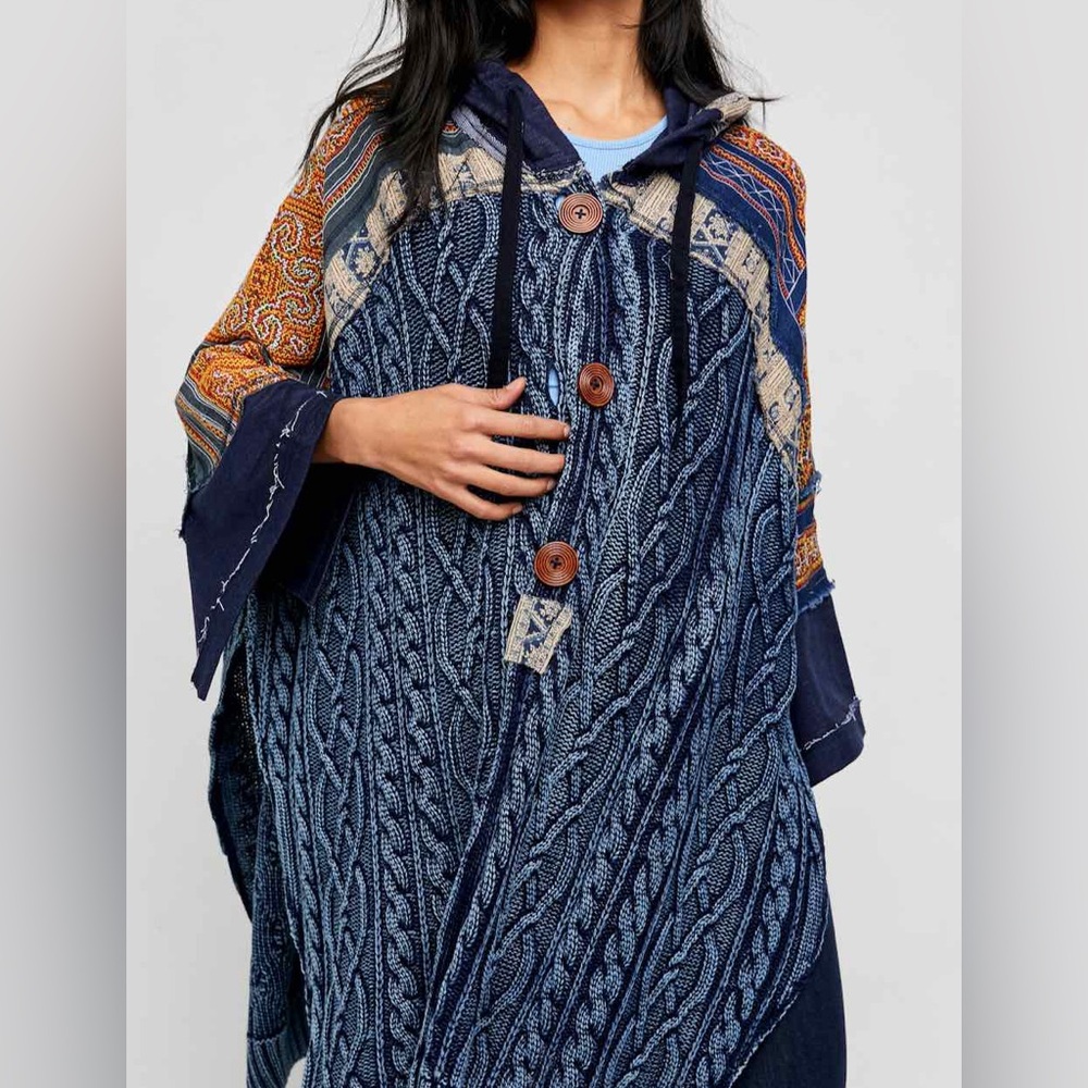 Free People Navy Blue Cable Knit Hooded Poncho with Rust Patterned Sleeves